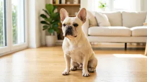 A healthy cream French Bulldog with upright bat ears sitting calmly in a sunlit living room.