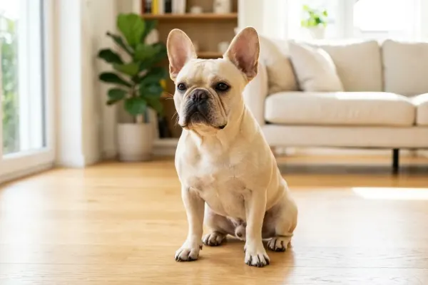A healthy cream French Bulldog with upright bat ears sitting calmly in a sunlit living room.