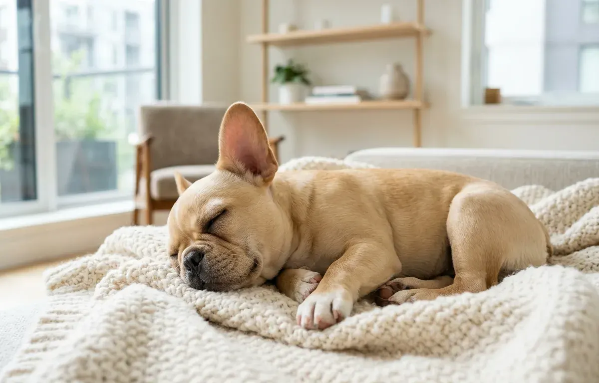 A fawn French Bulldog resting comfortably in a bright air-conditioned room to cool down safely.