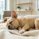 A fawn French Bulldog resting comfortably in a bright air-conditioned room to cool down safely.