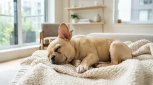 A fawn French Bulldog relaxing comfortably indoors on a pressure-activated cooling pad
