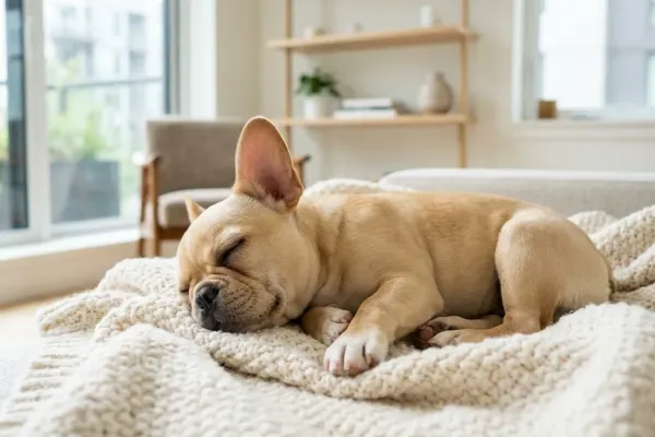 A fawn French Bulldog resting comfortably in a bright air-conditioned room to cool down safely.