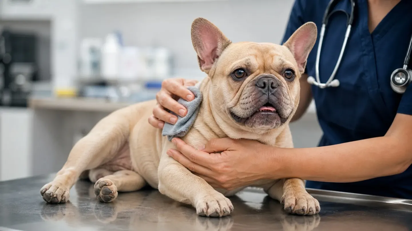 A veterinarian applying a cool damp towel to a French Bulldog's neck to lower body temperature.