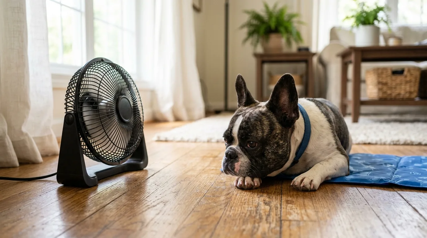 A French Bulldog resting on a cooling mat next to a floor fan to prevent overheating during summer.