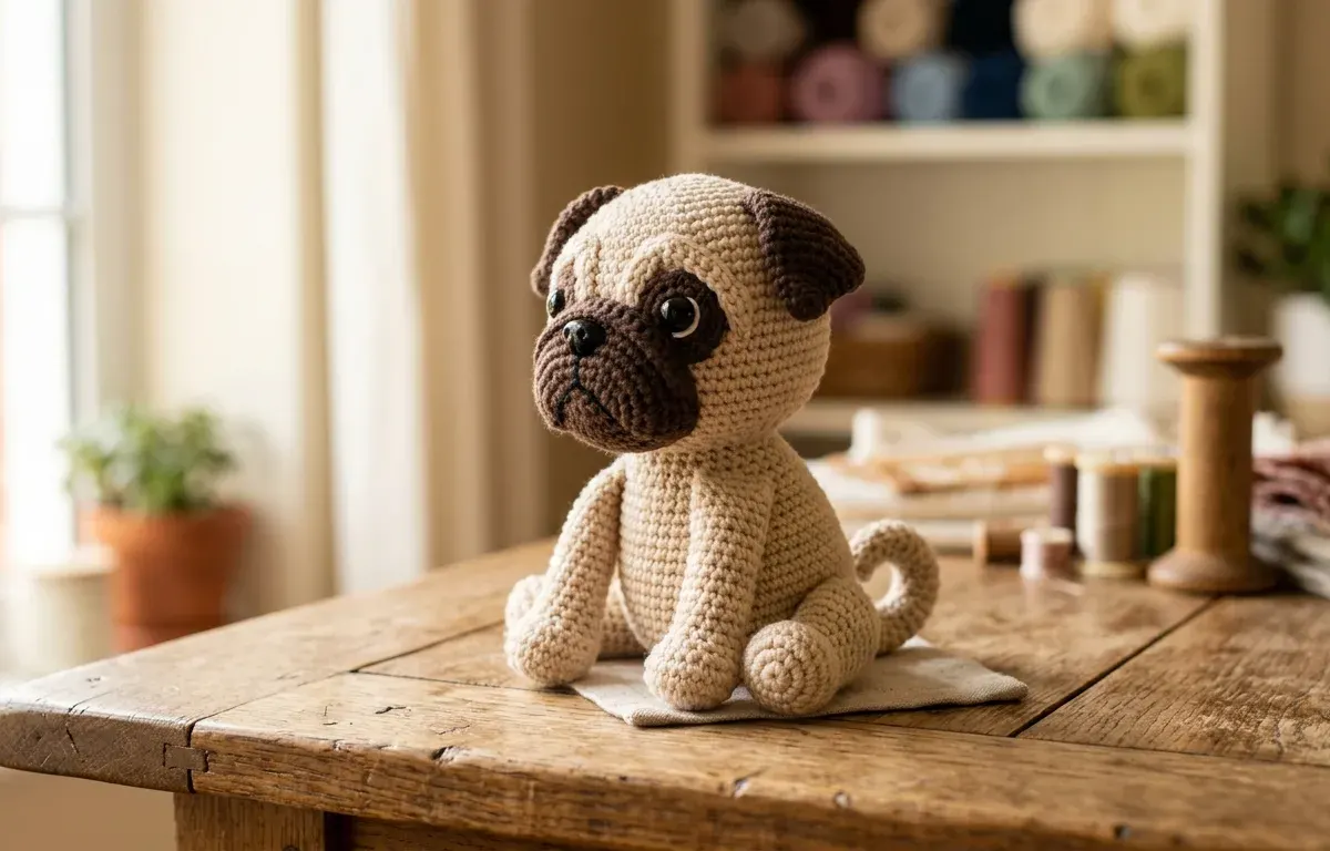 Handmade crochet amigurumi pug dog toy sitting on a wooden table
