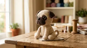 Handmade crochet amigurumi pug dog toy sitting on a wooden table