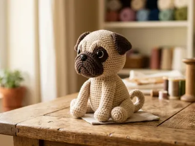 Handmade crochet amigurumi pug dog toy sitting on a wooden table