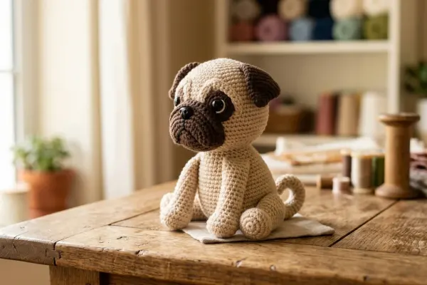 Handmade crochet amigurumi pug dog toy sitting on a wooden table