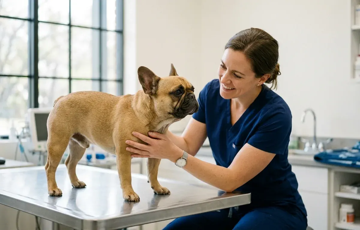 Veterinarian inspecting a French Bulldog in a bright clinic setting
