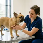 Veterinarian inspecting a French Bulldog in a bright clinic setting