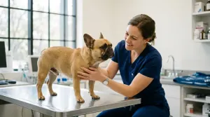 Veterinarian inspecting a French Bulldog in a bright clinic setting