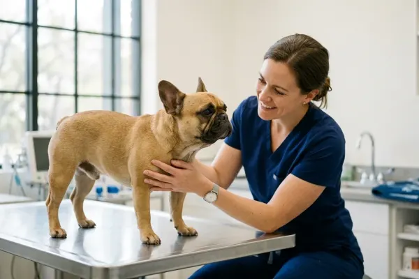 Veterinarian inspecting a French Bulldog in a bright clinic setting