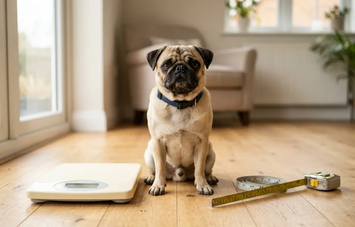 Overweight Pug sitting next to a pet weight scale during a weight loss evaluation.
