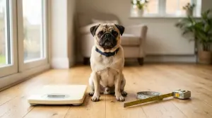 Overweight Pug sitting next to a pet weight scale during a weight loss evaluation.