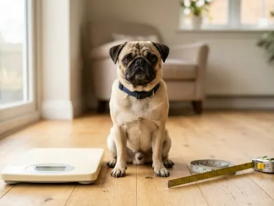 Overweight Pug sitting next to a pet weight scale during a weight loss evaluation.