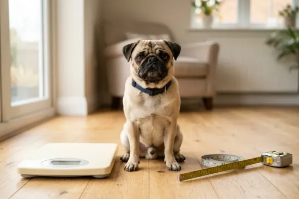 Overweight Pug sitting next to a pet weight scale during a weight loss evaluation.
