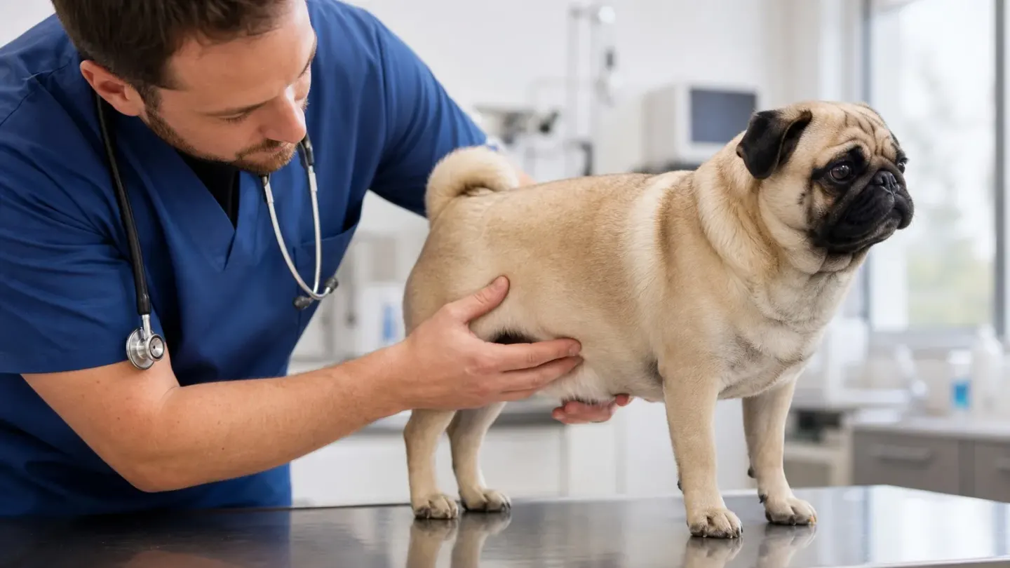 Veterinarian performing a Body Condition Score check on an adult Pug.