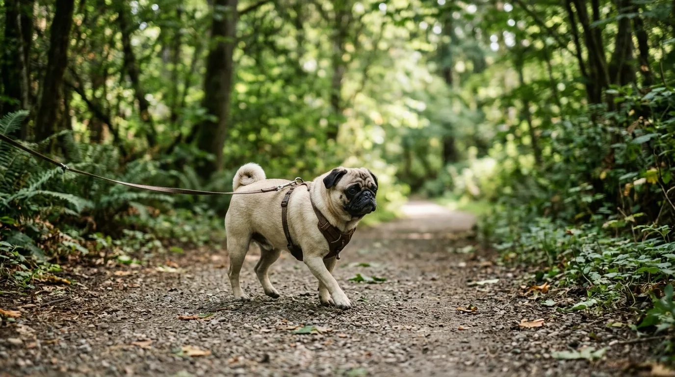 Adult Pug walking on a shaded park trail during cool morning exercise.
