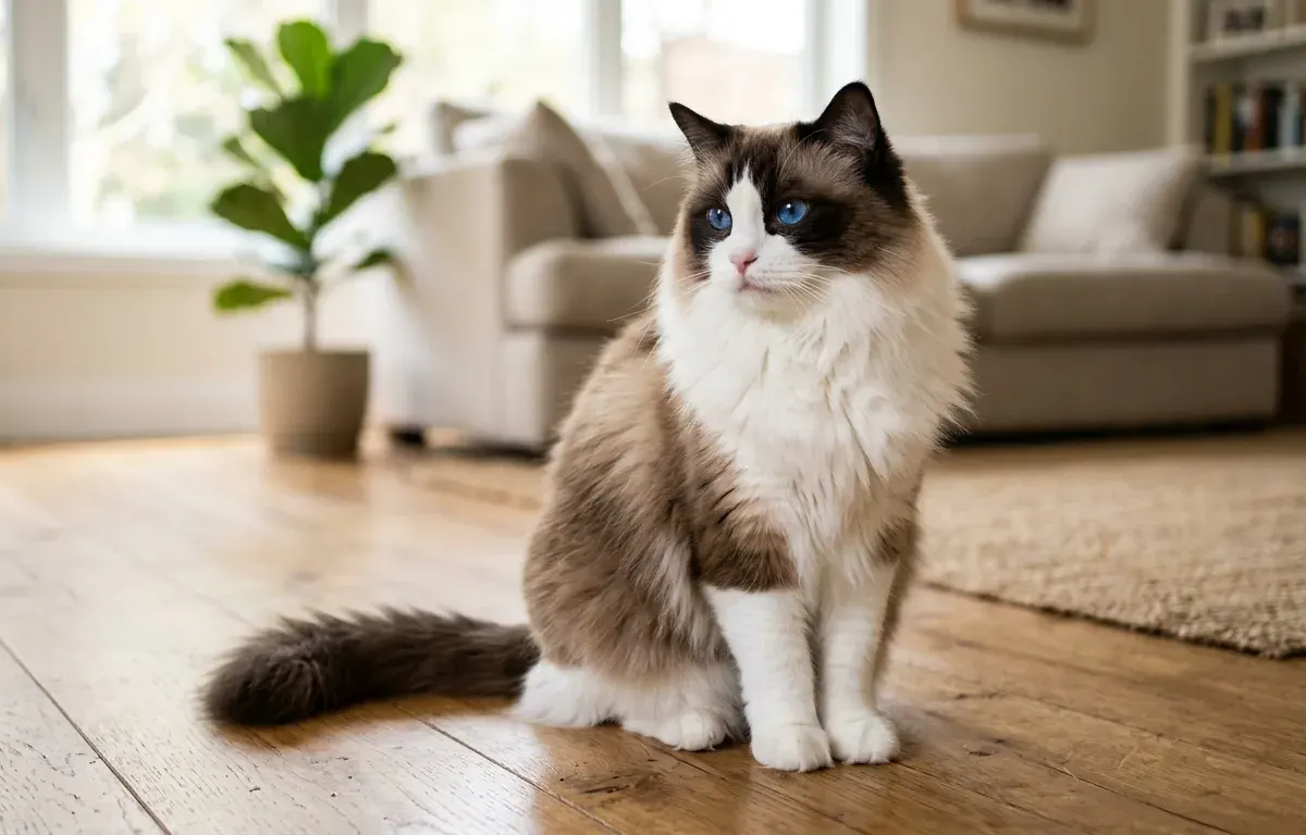 A purebred seal bicolor Ragdoll cat with deep blue eyes sitting in a sunlit room