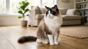A purebred seal bicolor Ragdoll cat with deep blue eyes sitting in a sunlit room