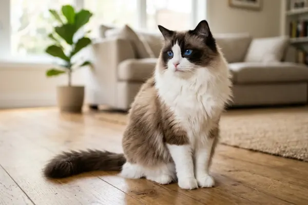 A purebred seal bicolor Ragdoll cat with deep blue eyes sitting in a sunlit room