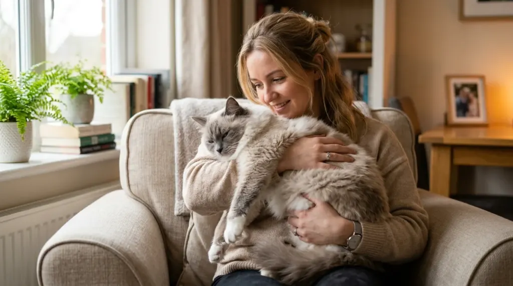 An adult Ragdoll cat relaxing calmly while being held by its owner