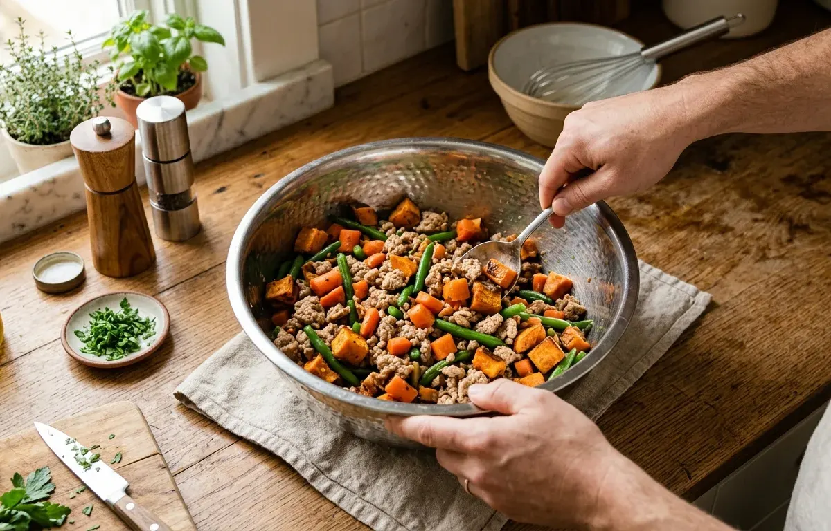 Freshly cooked homemade dog food ingredients for a Pug mixed in a stainless steel bowl