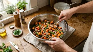 Freshly cooked homemade dog food ingredients for a Pug mixed in a stainless steel bowl