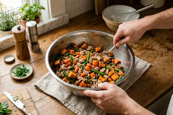 Freshly cooked homemade dog food ingredients for a Pug mixed in a stainless steel bowl