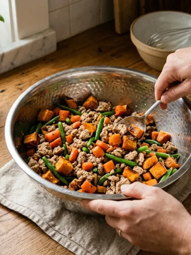 Freshly cooked homemade dog food ingredients for a Pug mixed in a stainless steel bowl