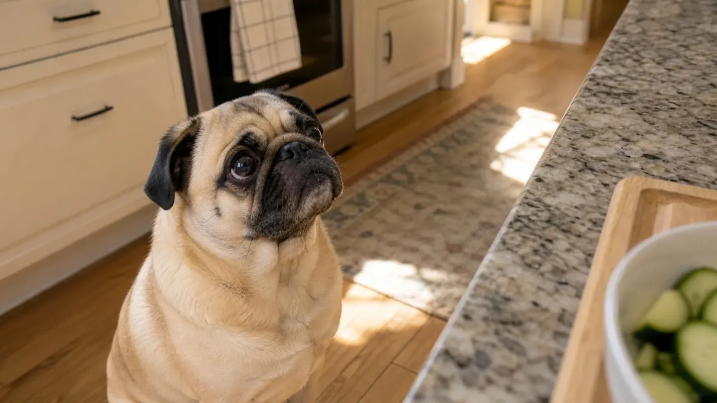 A small fawn Pug waiting near the kitchen counter during homemade meal preparation