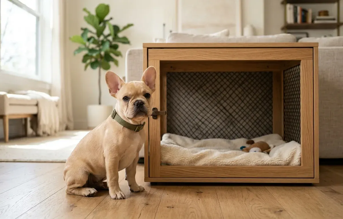 A fawn French Bulldog puppy sitting next to a dog crate during housebreaking training.