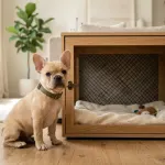 A fawn French Bulldog puppy sitting next to a dog crate during housebreaking training.