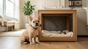A fawn French Bulldog puppy sitting next to a dog crate during housebreaking training.