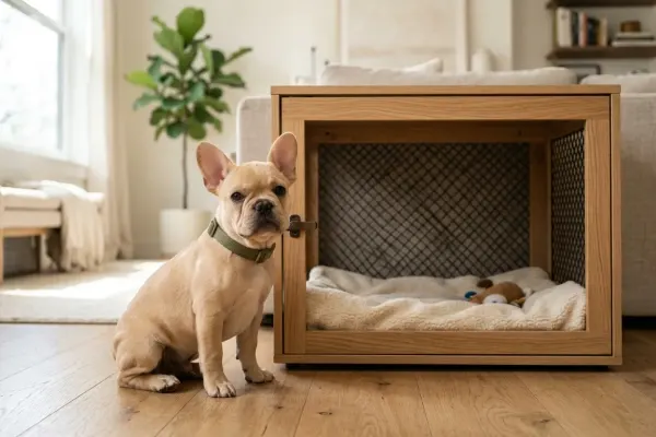 A fawn French Bulldog puppy sitting next to a dog crate during housebreaking training.