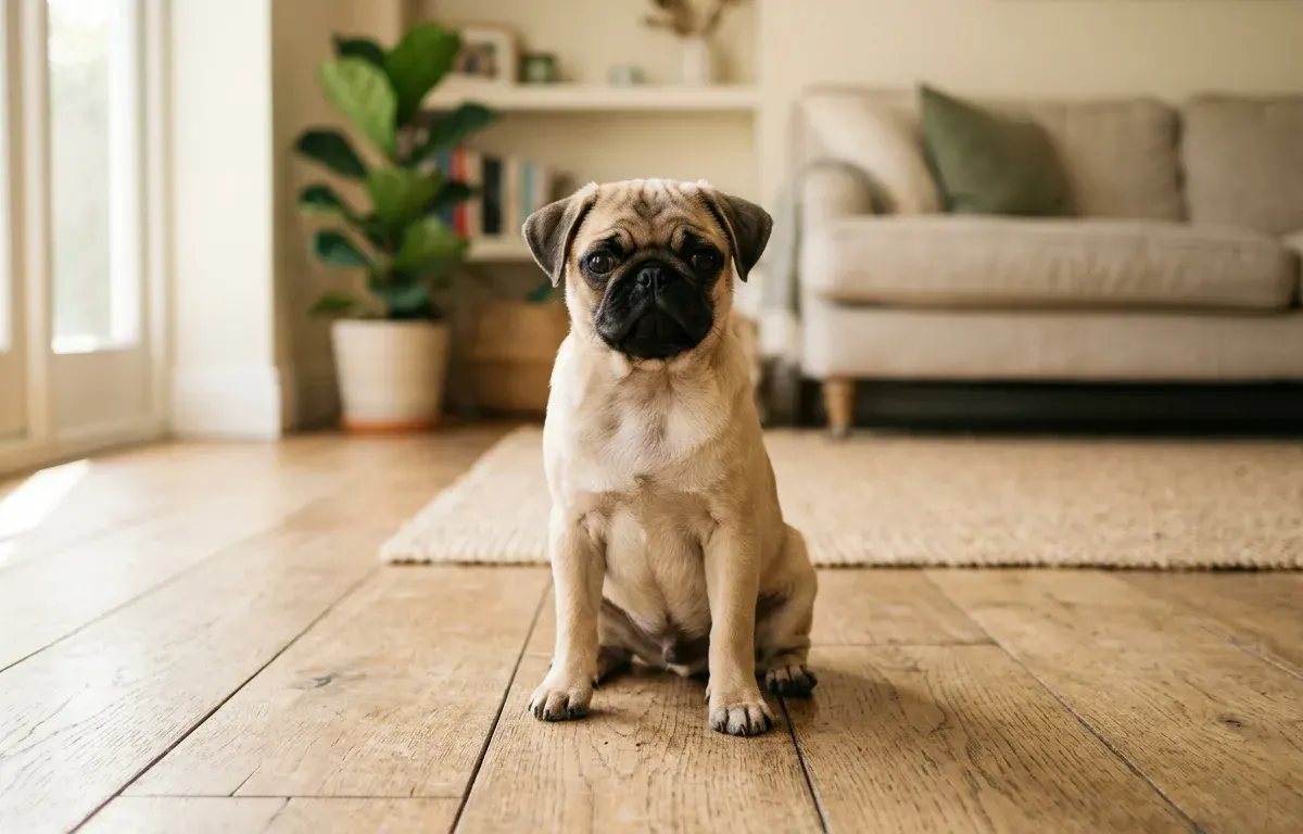 A fawn Pug sitting on a wooden floor in a sunlit living room.