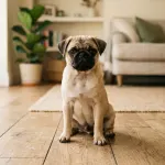 A fawn Pug sitting on a wooden floor in a sunlit living room.