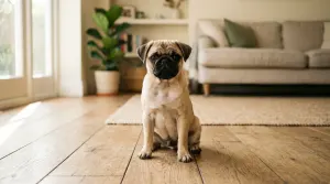A fawn Pug sitting on a wooden floor in a sunlit living room.