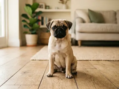 A fawn Pug sitting on a wooden floor in a sunlit living room.