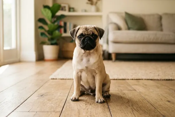 A fawn Pug sitting on a wooden floor in a sunlit living room.