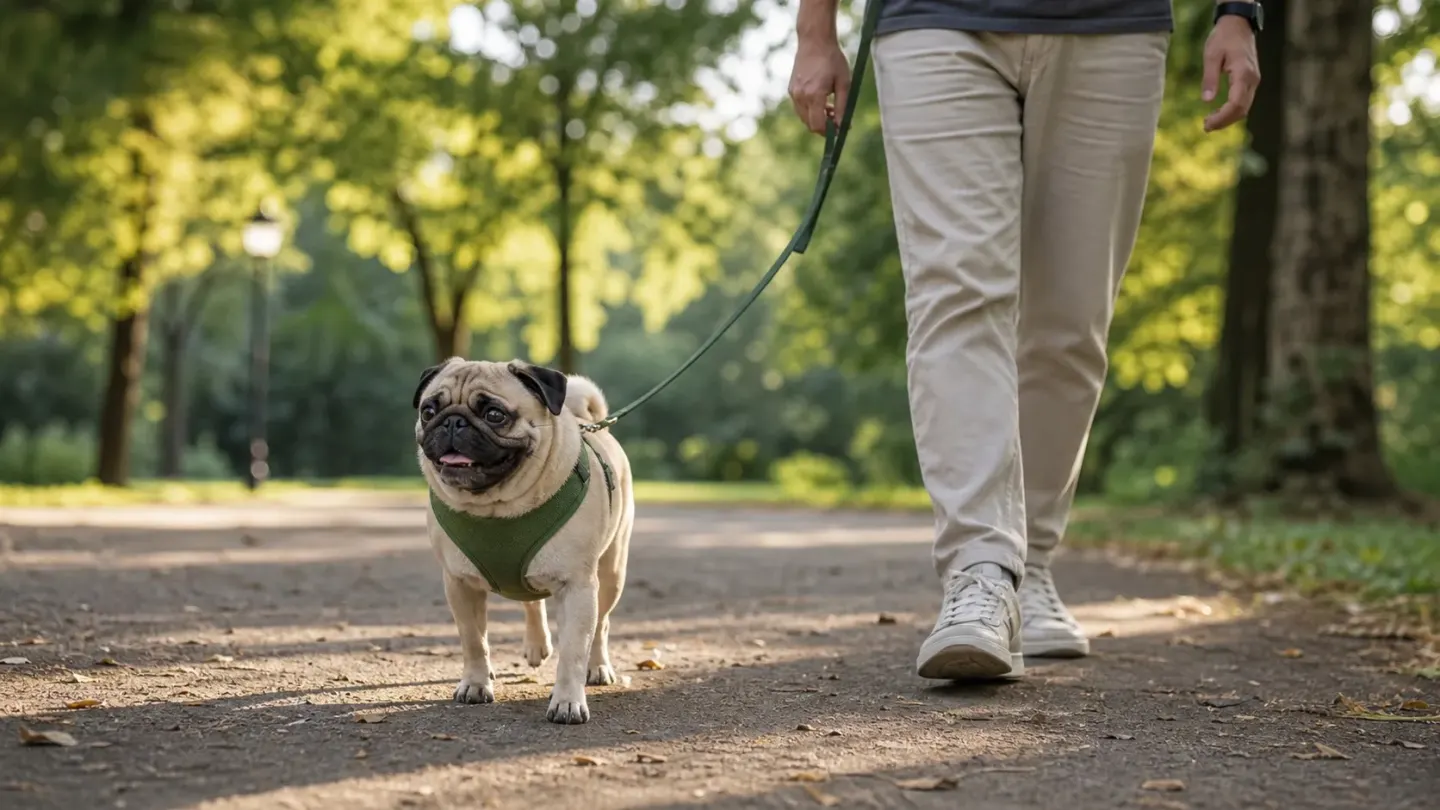 A fawn Pug wearing a green harness walking on a shaded park path.