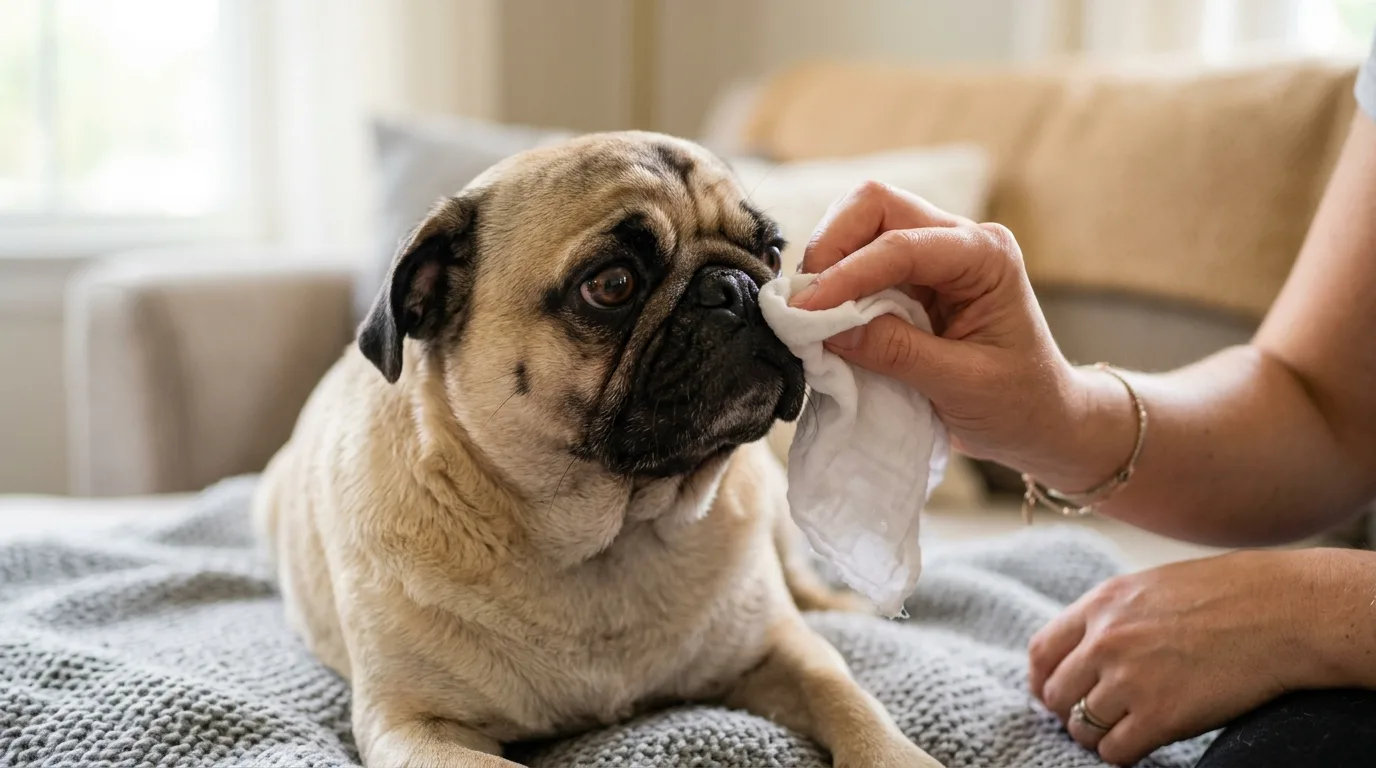 A pet owner gently cleaning a Pug's facial folds with a damp cloth.