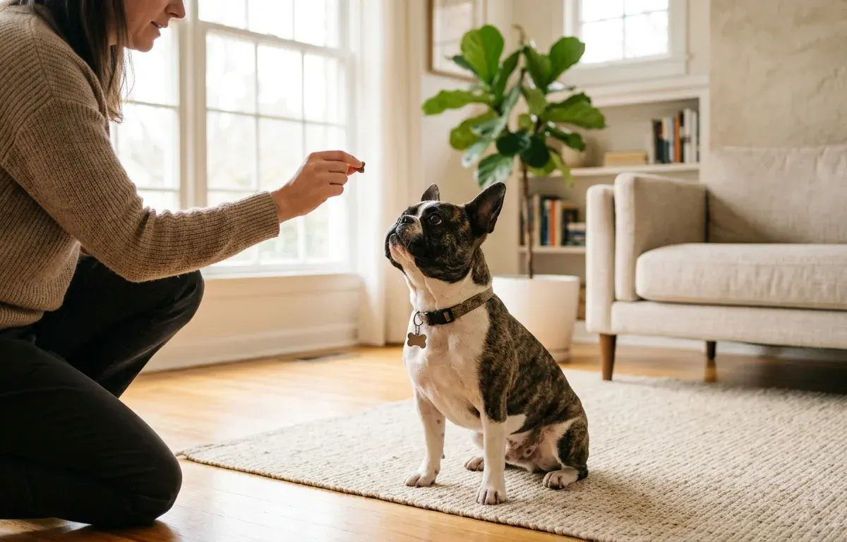 A French Bulldog sitting attentively during a positive reinforcement training session at home. Caption: Positive reinforcement training helps French Bulldogs focus and learn essential commands.