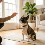 A French Bulldog sitting attentively during a positive reinforcement training session at home. Caption: Positive reinforcement training helps French Bulldogs focus and learn essential commands.