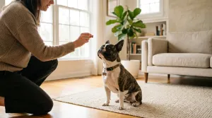 A French Bulldog sitting attentively during a positive reinforcement training session at home. Caption: Positive reinforcement training helps French Bulldogs focus and learn essential commands.