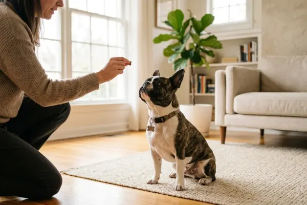 A French Bulldog sitting attentively during a positive reinforcement training session at home. Caption: Positive reinforcement training helps French Bulldogs focus and learn essential commands.