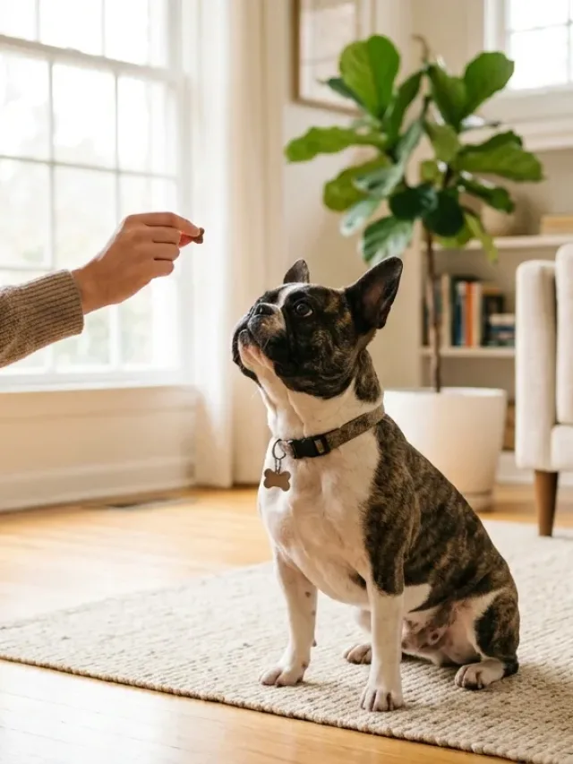 A French Bulldog sitting attentively during a positive reinforcement training session at home. Caption: Positive reinforcement training helps French Bulldogs focus and learn essential commands.
