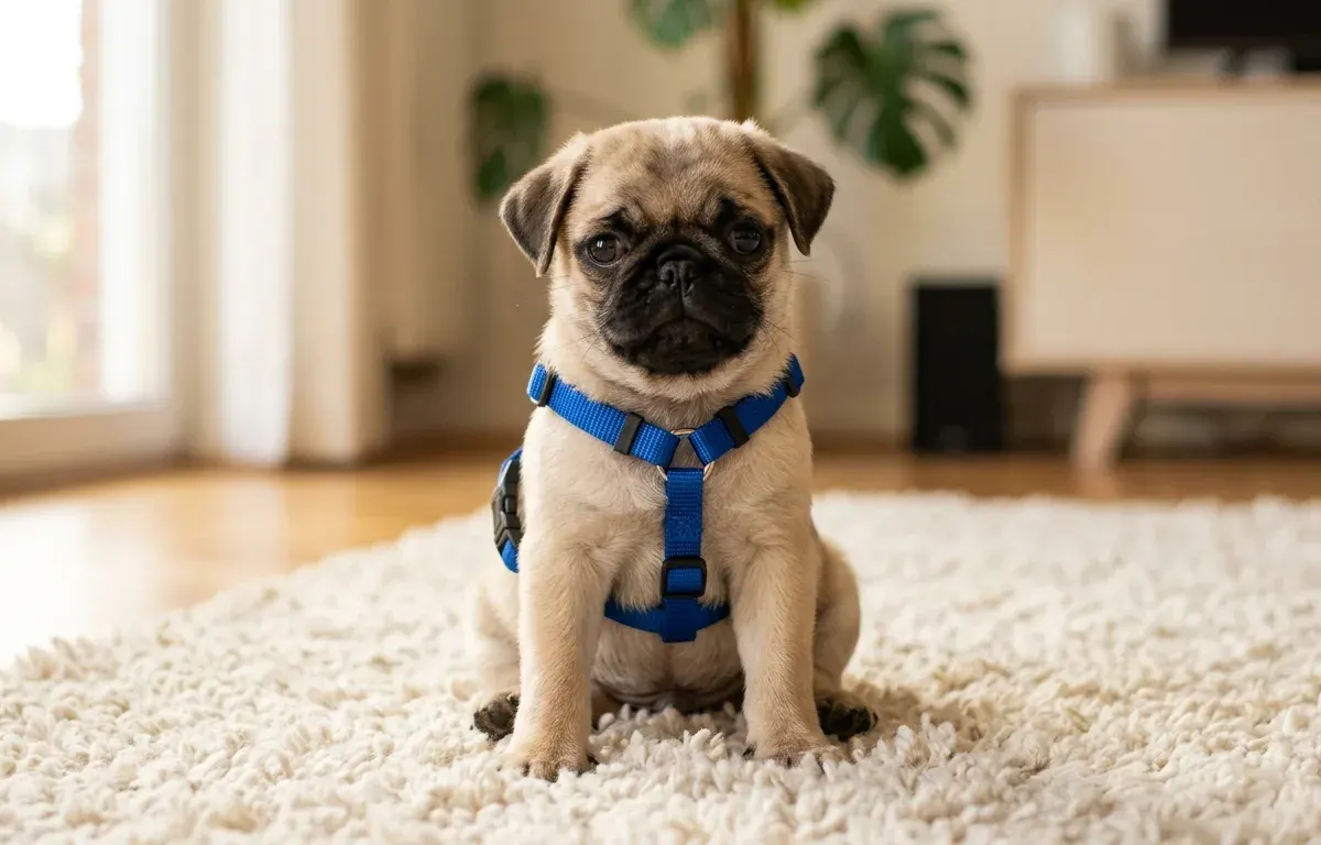 Fawn Pug puppy sitting indoors wearing a harness during an early training session.