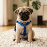Fawn Pug puppy sitting indoors wearing a harness during an early training session.