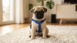 Fawn Pug puppy sitting indoors wearing a harness during an early training session.